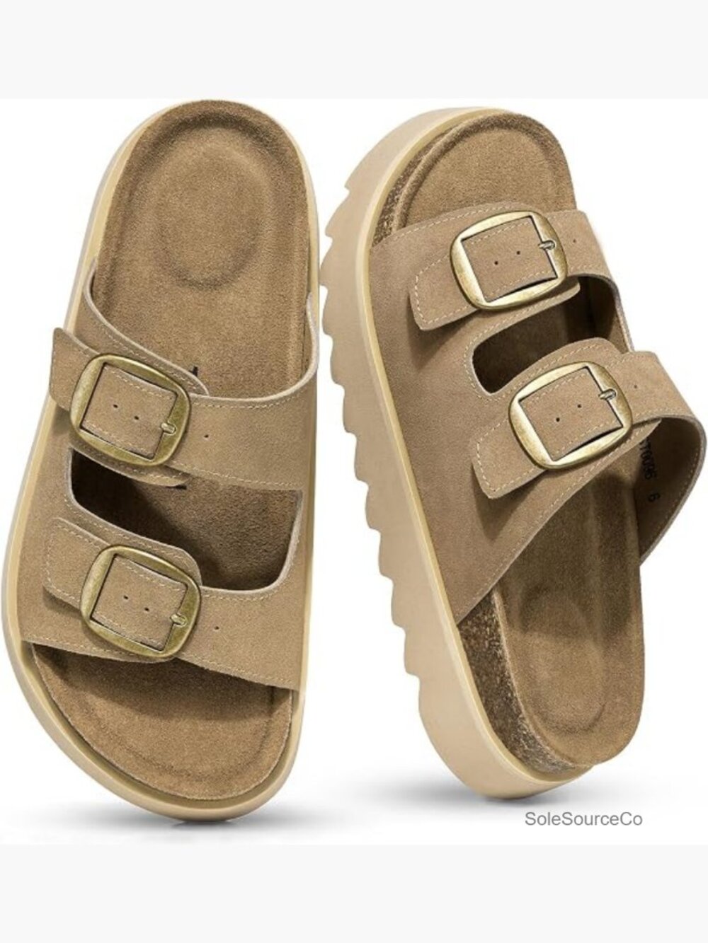 Genuine Leather Platform Sandals Wedge Chunky Heel Slides Arch Support Cork